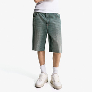 Shorts de Mezclilla Azul Claro 100% Algodón para Hombre, Dobladillo sin Rematar, Estilo Holgado, Jorts de Moda, Secado Rápido, Casual - Product Image 6