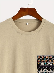 Personalizado Beige 100% algodón de secado rápido transpirable suave bolsillo OEM hombres de manga corta Casual camiseta personalizada estilo étnico camiseta - Product Image 3