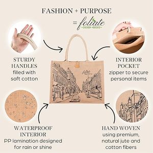 Sac fourre-tout de plage Juco réutilisable pour femme-Sac cadeau en jute tissé imperméable pour son voyage, ses achats, son usage quotidien (le fourre-tout de la ville) - Product Image 3
