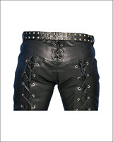 Celana Biker Kulit Sapi Asli Pria Model High Waist Kasual Anti Air dengan Kancing dan Tali Hitam untuk Musim Dingin