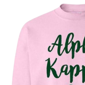 Sudadera AKA Script de cuello redondo, rosa claro con letras verdes, jersey de forro polar de manga larga para hermandad - Product Image 2