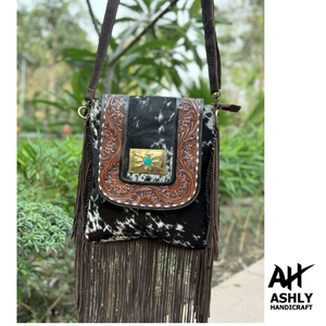 Bolso bandolera de cuero genuino bohemio tallado a mano con flecos de piel de vaca - Product Image 5