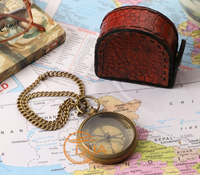 Boussole de poche nautique en laiton, style antique vintage, avec étui en cuir, antichoc, entièrement fonctionnelle, pointeur magnétique