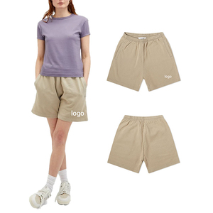 Pantalones cortos lisos vintage de alta calidad personalizados OEM para mujer, pantalones cortos informales personalizados con cintura elástica y logotipo 100% de algodón para mujer, Unisex - Product Image 1