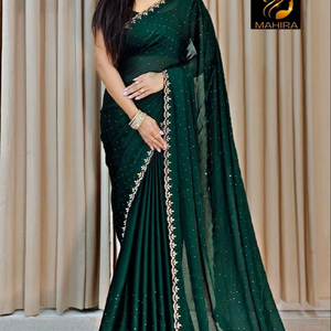 Sari verde de gasa satinada suave y elegante para fiesta nupcial, ropa de boda con blusa elegante exclusiva, Sari de mujer de Festival más vendida - Product Image 5