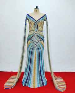 Vestido de noche de manga acampanada para fiesta elegante con cuentas de boda para mujer bordado completamente a mano - Product Image 2