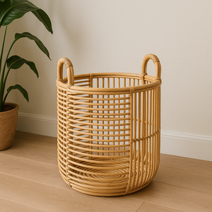 ตะกร้าหวายทรงกลมทำด้วยมือทำจากหวายธรรมชาติทนทานและใช้งานได้หลากหลายตกแต่งบ้านสำหรับเสื้อผ้าซักรองเท้าจัดระเบียบ - Product Image 1