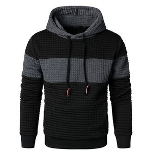 Wholesale Men's Textured <b>Waffle</b> Knit Hoodie Color <b>Block</b> Patchwork Pullover Long Sleeve Streetwear Casual Hooded Sweatshirt - Product Image 1
