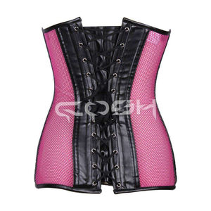 Corset Bustier Amincissant en Similicuir Noir avec Résille Rose et Baleines en Acier - Product Image 4