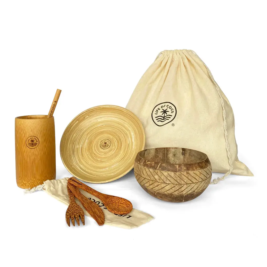 Kokosnuss holz Utensilien Familien packung nachhaltige Picknick beutel Sets Camping Besteck Besteck Set mit Koffer Tasche