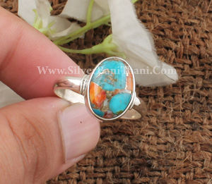 Bague Turquoise en cuivre huître épineuse naturelle-Bague large en argent sterling 925 pour femme en gros faite à la main - Product Image 5