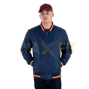 Blousons bombardiers personnalisés, vente en gros, blousons bombardiers à fermeture éclair teints en bleu pour hommes, veste intérieure personnalisée en polyester à la taille élastique - Product Image 1