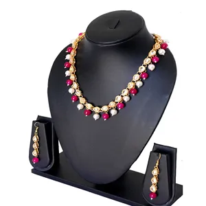 Ensemble de bijoux de mariée plaqué or 18 carats, style vintage, perles rouges et blanches, collier pour mariages - Product Image 2