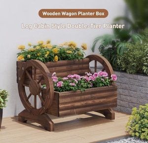 Wagon en <span class=keywords><strong>bois</strong></span> <span class=keywords><strong>jardinière</strong></span> avec roues chariot de jardin décoratif pour fleurs herbes légumes intérieur extérieur Patio ferme décor - Product Image 2