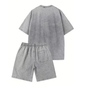 Ropa de calle pesada 350GSM en blanco Casual Curling estampado desgastado personalizado ácido lavado hombres camisetas de gran tamaño y conjuntos de pantalones cortos - Product Image 2