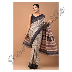 Nieuwste Designer Saree Designer Print Bloemenontwerp Zacht Katoen Mulmul Stof Handblok Print Kleur Sari Met Blouse India