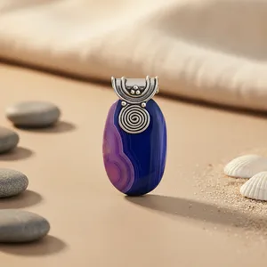 Pendentif Charme Bohème en Argent 925 Plaqué Rhodium avec Agate Bleue et Design Spirale, Style Luxe pour Usage Quotidien, Unisexe - Product Image 1