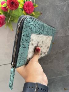 Cartera de cuero de piel de vaca, billetera de cuero mecanizada a mano, tarjetero, billetera de cuero de piel occidental - Product Image 3