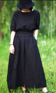 Femmes lin couleur unie robe été 2024 nouvelle robe à manches courtes taille minceur ceinture avec poche robe en lin - Product Image 2