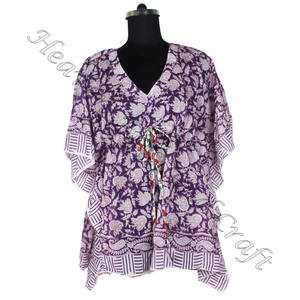 100% algodón Mujer ropa de dormir bloque de mano estampado Kaftan vestido KFCS080 peso ligero mujeres Casual ocasión desgaste corto caftán vestido - Product Image 5