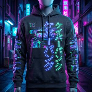 Felpa Cyberpunk Personalizzata all'Ingrosso per Uomo, Vestibilità Regolare, Stampa Grafica Neon Kanji Glitch Art, Streetwear Giapponese, 100% Cotone, Invernale - Product Image 5