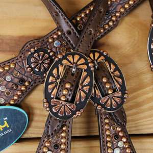Ensemble de tête et de poitrail pour cheval en cuir véritable occidental, sculpture florale, finition bicolore, haute qualité, multifonctionnel pour l'équitation - Product Image 5