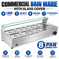 Bain-marie électrique commercial 8 bacs 1800W 220V avec couvercle en verre, chauffe-plats buffet en acier inoxydable, table vapeur