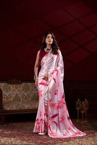 Style moderne à la mode dernière à la mode belle impression florale de soie de satin avec la frontière de dentelle de perle Saree femme exportateur de mode - Product Image 3