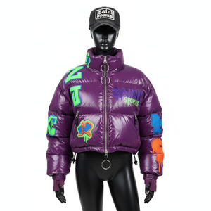 Haute qualité femmes hiver doudoune 380 GSM brillant Nylon tissu rembourrage Logo personnalisé Chenille broderie femmes bouffantes vestes - Product Image 1