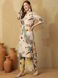 Mujeres étnicas Floral impreso cuello en V puro algodón Kurta con Palazzos indio pakistaní salwaar kameez traje - Product Image 4