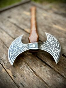 ไวกิ้งไม้ยาวแบบสองด้านทำด้วยมือเกรดอุตสาหกรรมเหล็กกล้าคาร์บอนสูงแกะสลักอักษรรูนไม้ธรรมชาติกลางแจ้ง - Product Image 3