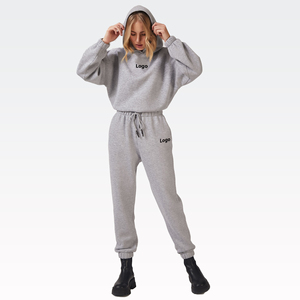 Venta al por mayor logotipo personalizado 2023 primavera señoras recortada Sudadera con capucha cordón Conjunto Polar mujer sudadera conjunto chándal con logotipo personalizado conjunto de 2 piezas - Product Image 2