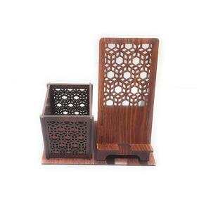 Support de téléphone en bois à motif géométrique, support de stylo, design hexagonal, marron foncé - Product Image 1