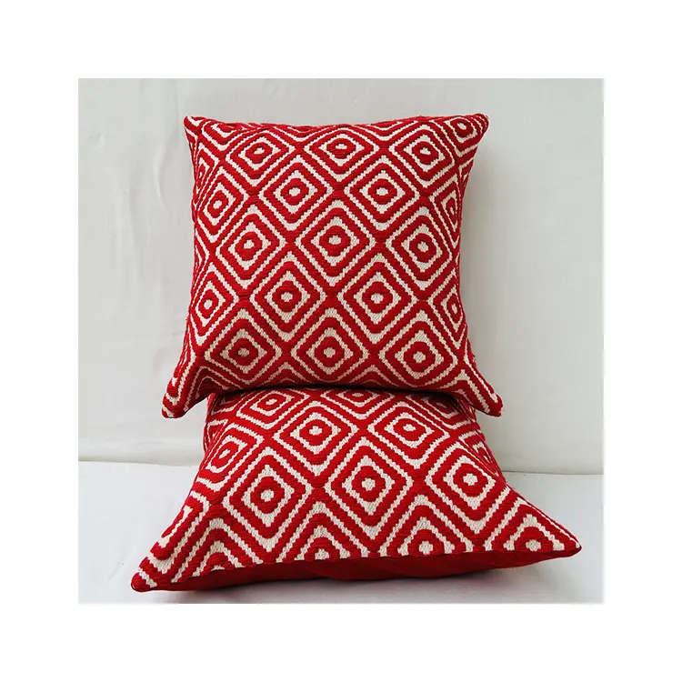 Custom geometric diamond design jacquard cotton hot sale high quality throw pillow case 45*45" square boho red cushion cover