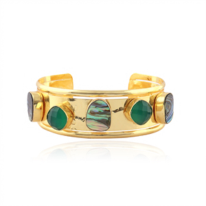 <b>Chunky</b> statement jewelry natural abalone shell with green onyx open cuff <b>bracelet</b> 18k <b>gold</b> plated wide band adjustable <b>bracelet</b> - Product Image 1