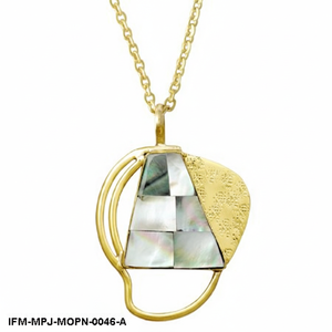 Collier pendentif géométrique en nacre incrustée, bijou fantaisie mosaïque doré abstrait pour femme - Product Image 4