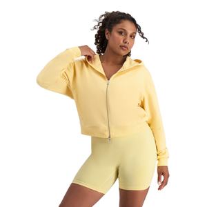 เสื้อฮู้ดครอปสีเหลืองแบบมีซิปคู่แฟชั่นใหม่สำหรับผู้หญิง เสื้อสเวตเชิ้ตแขนยาวลำลองผ้าฟลีซสำหรับสาวๆ เสื้อฮู้ดมีซิป - Product Image 2