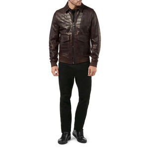 Chaquetas de Cuero Marrón Personalizadas de Alta Calidad para Hombre, Cierre de Cremallera, Cuello Alto, Tela de Lona en la Parte Delantera, Impermeables y Ecológicas - Product Image 2