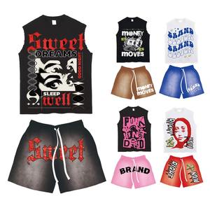 Produits personnalisés 2025 nouveautés T-Shirt débardeur et short lavage à l'acide deux pièces ensemble sans manches ourlet brut hommes 2 pièces ensemble court - Product Image 6