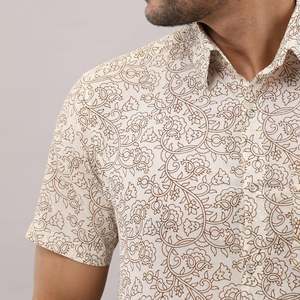 Beige Regular Men's Cotton Printed <b>Shirt</b> <b>Button</b>-Up Collar Short Sleeves Breathable Poplin Fabric New Condition Digital Single - Product Image 6