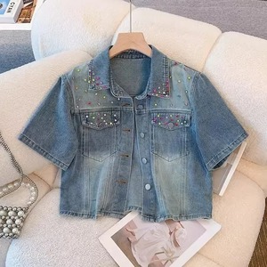 แจ็กเก็ตยีนส์ตัวสั้นสีน้ำเงินสำหรับผู้หญิงใส่ในฤดูร้อนเสื้อแจ็คเก็ตยีนส์แขนสั้นมีเพชรปกเสื้อโค้ทนักเรียนทั่วไป - Product Image 1