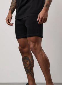 Shorts de gym en molleton noir pour hommes, vêtements d'été décontractés, taille élastique, cordon de serrage, tissu doux, 2 poches latérales, shorts pour hommes, vente en gros - Product Image 4