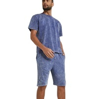 Venta al por mayor ácido lavado Unisex conjunto de dos piezas desgastado patrón sólido camiseta pantalones cortos Logo verano hombres chándal para adultos - Product Image 2