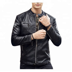 Veste en cuir véritable noire à manches longues pour hommes, veste de moto à épissage véritable pour hommes, vente en gros - Product Image 1