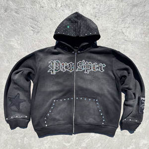 Conjunto de Dos Piezas de Sudadera con Capucha de Felpa Francesa de Algodón Grueso para Hombre, Estilo Vintage Lavado Personalizado, Chándal Holgado con Pedrería Desgastada por el Sol - Product Image 5