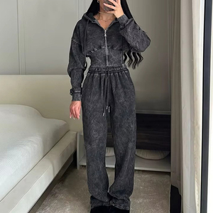 Conjunto de 2 Piezas de Sudadera con Capucha de Felpa de Algodón para Mujer, Talla Grande, Personalizado, Sudadera Corta con Cremallera y Pantalones Deportivos con Lavado Ácido Desgastado - Product Image 4