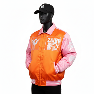 Veste en satin premium 240 GSM, corps orange avec panneaux de manches roses, impression par transfert thermique de logo personnalisé, veste en satin streetwear pour hommes - Product Image 2