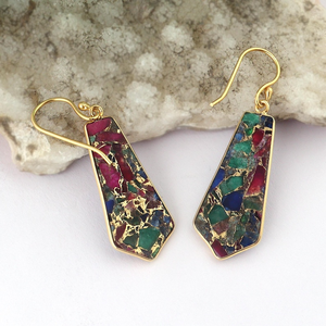 Pendientes de Moda para Mujer, Estilo Mohave, Mezcla de Colores, Cobre, Turquesa, Jade, Gancho, Baño de Oro de 18k, Engaste de Bisel, Pendientes Colgantes - Product Image 5