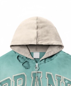 Custom Distressed Hoodie Applique Embroidery Patch <b>Zip</b> <b>up</b> Hoodie Jacket Heavyweight French Terry Acid Wash Vintage Hoodies Men - Product Image 4