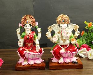 Statue de Laxmi Ganesh en résine multicolore artisanale de Nirmala Handicrafts, décoration pour la maison et le temple, idole de lotus colorée du Rajasthan - Product Image 1